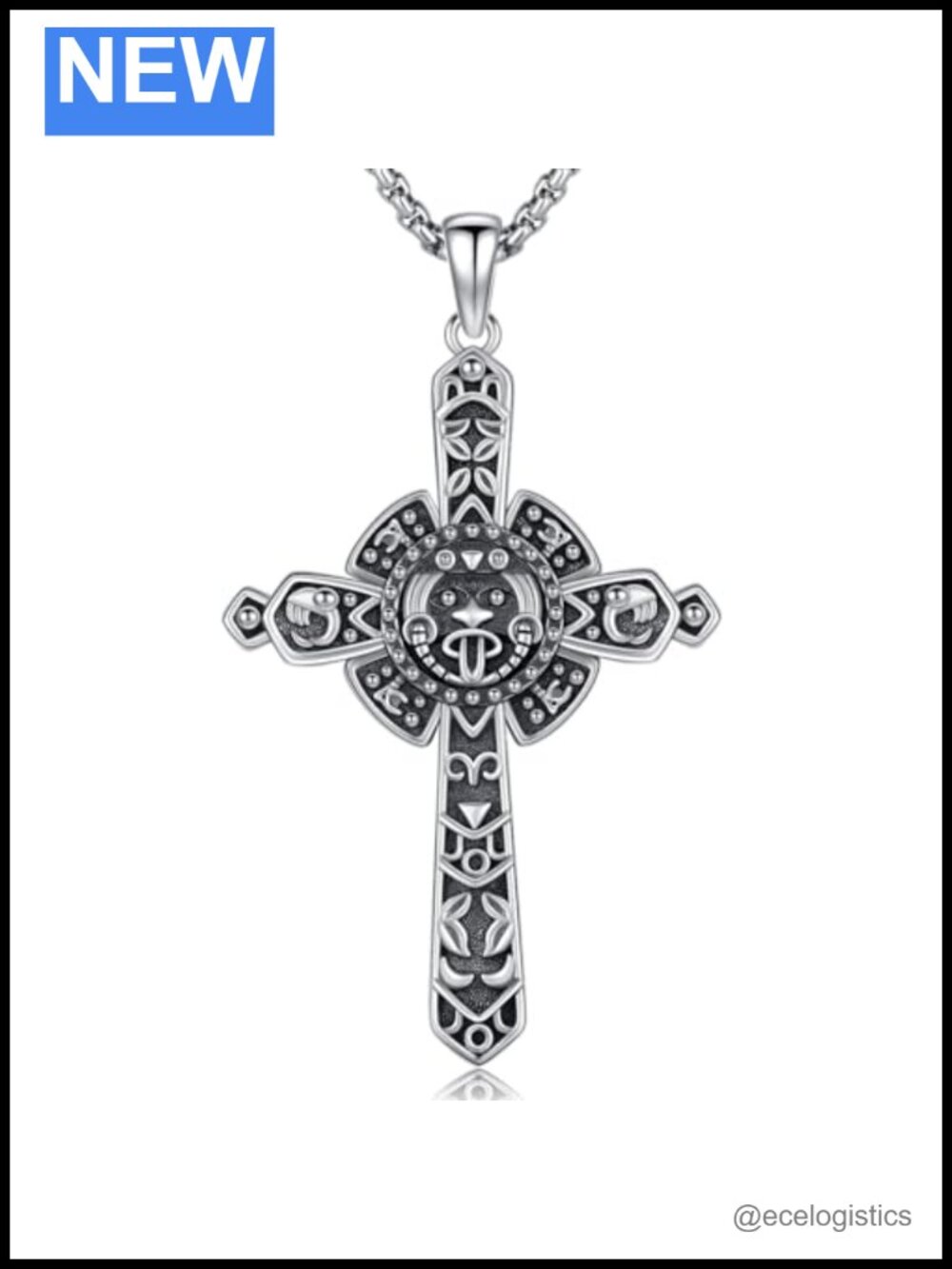 925 Sterling Silver Aztec Calendar Pendant Necklace Rolo Chain 22 Inch